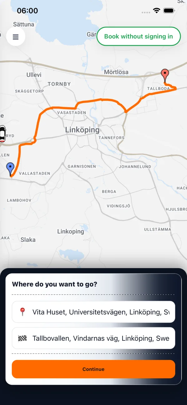 Taxi Point app showing pickup and destination on a map of Linköping