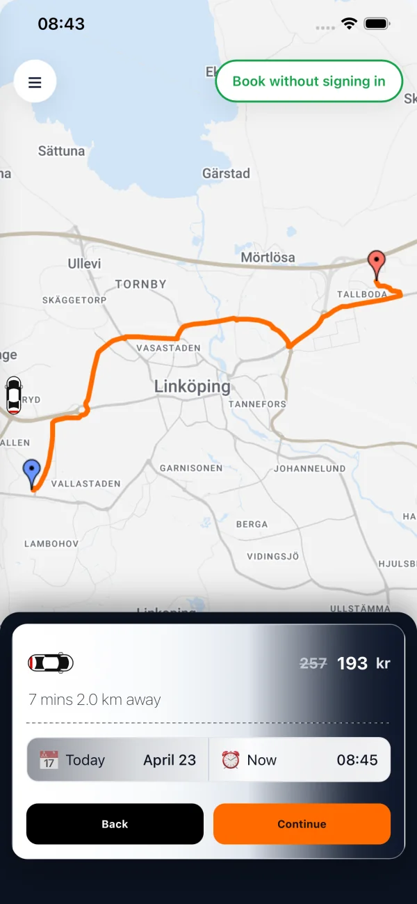 Taxi Point app showing an example fare and selected pickup time
