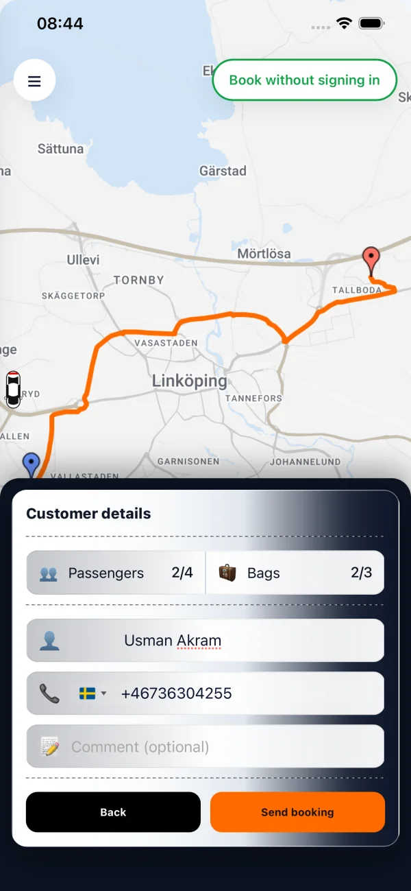 Taxi Point app showing passenger count and booking details