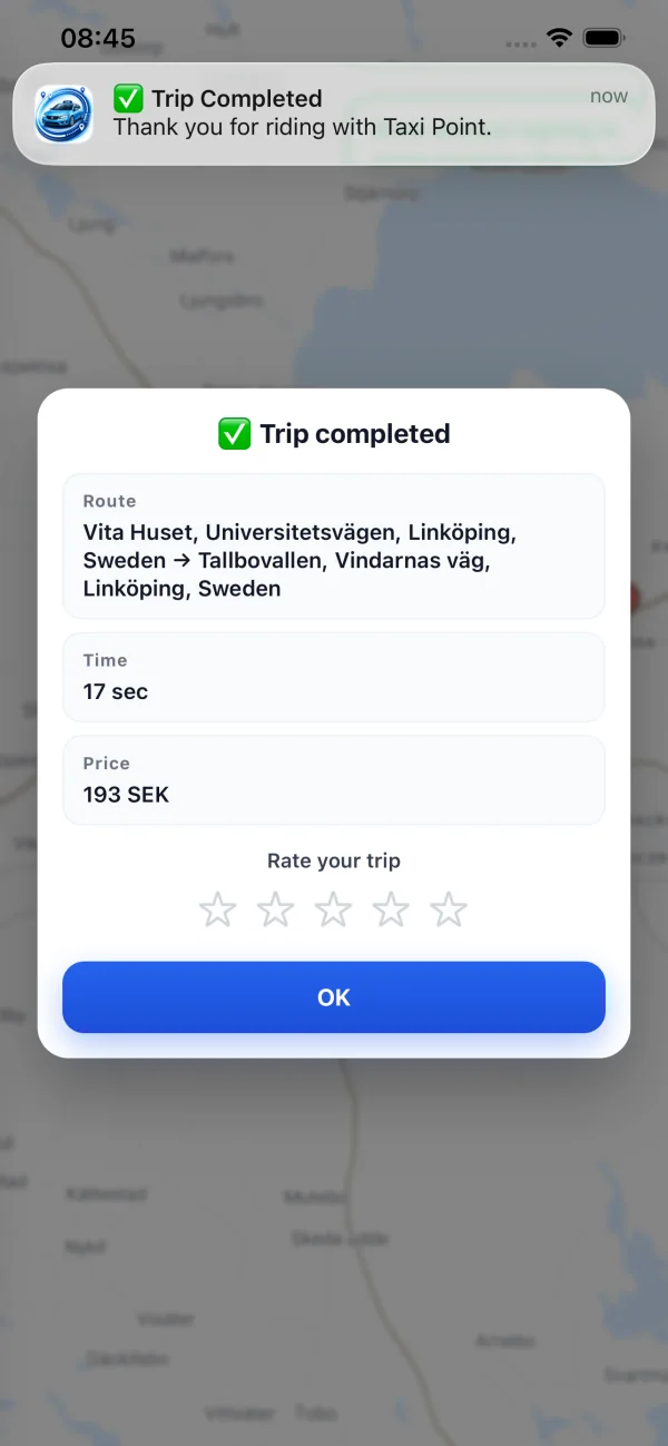 Taxi Point app showing a completed trip